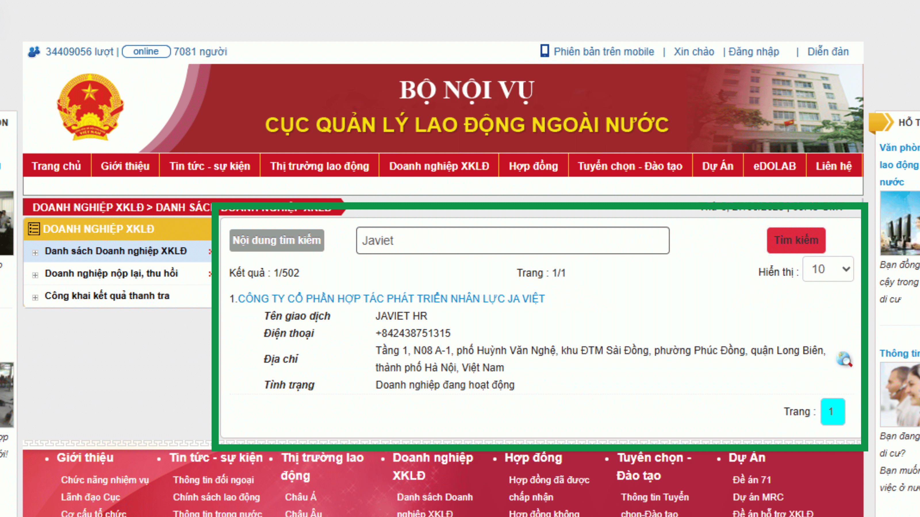 Mã số giấy phép công ty xuất khẩu lao động JaViet trên Dolab